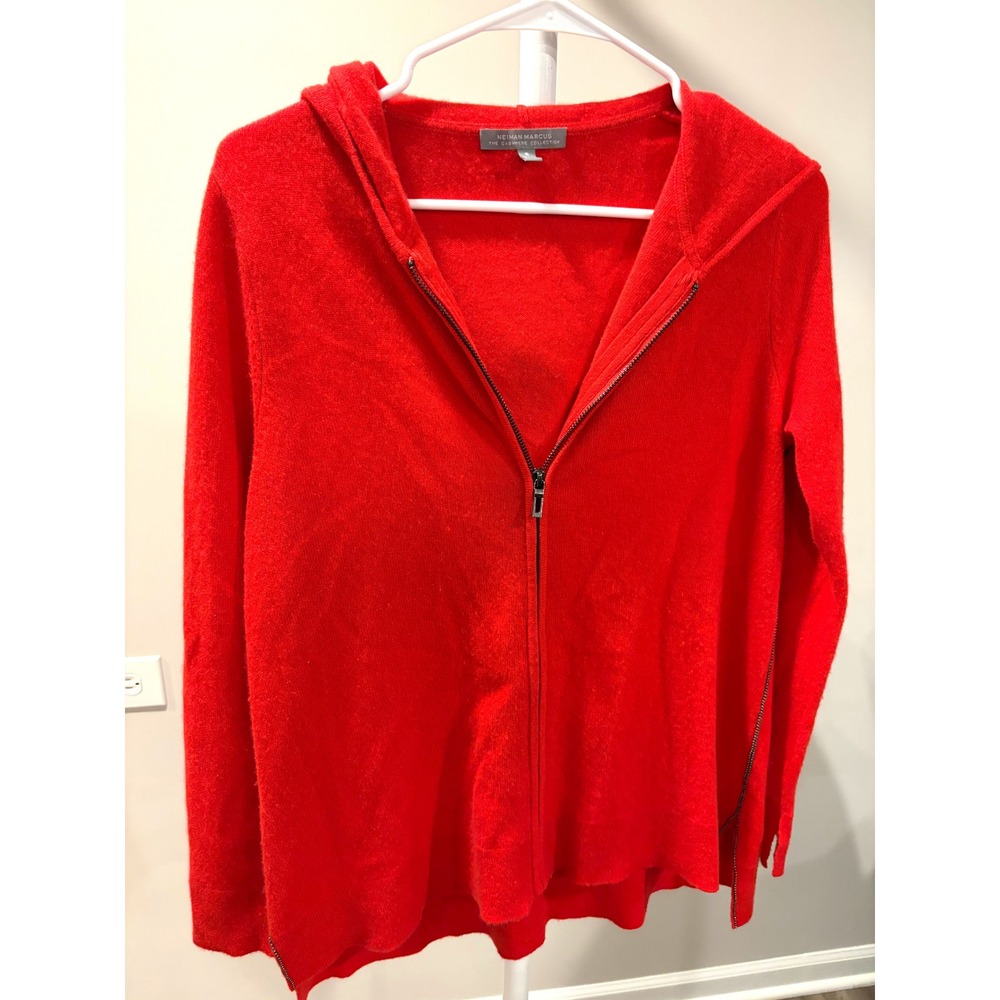 Neiman Marcus 100% Cashmere Hoodie Red Full Zip Chain Trim Sweater Quiet Luxury
